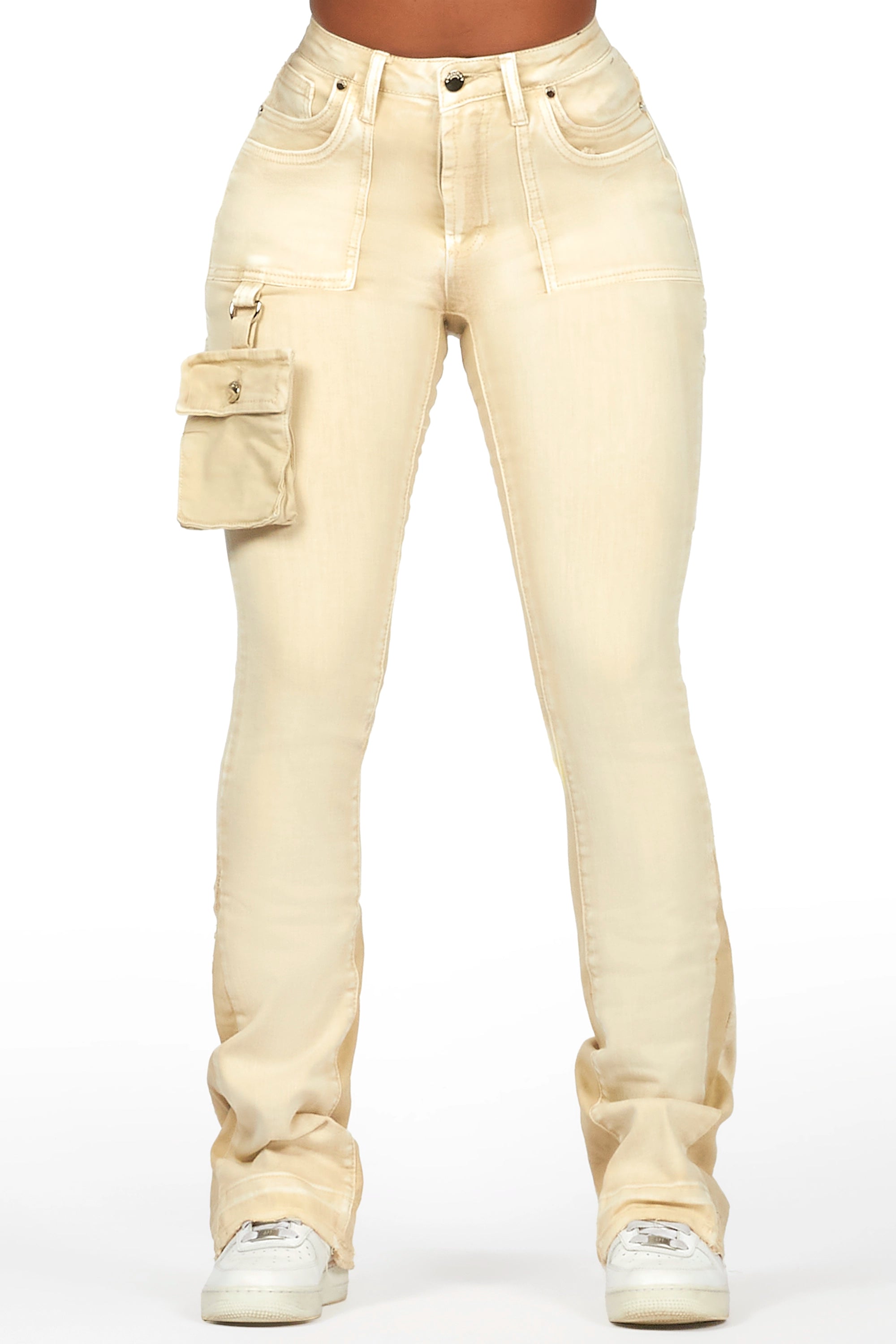 Galexus Beige Stacked Flare Jean Fashionable Cropped Denim Jeans