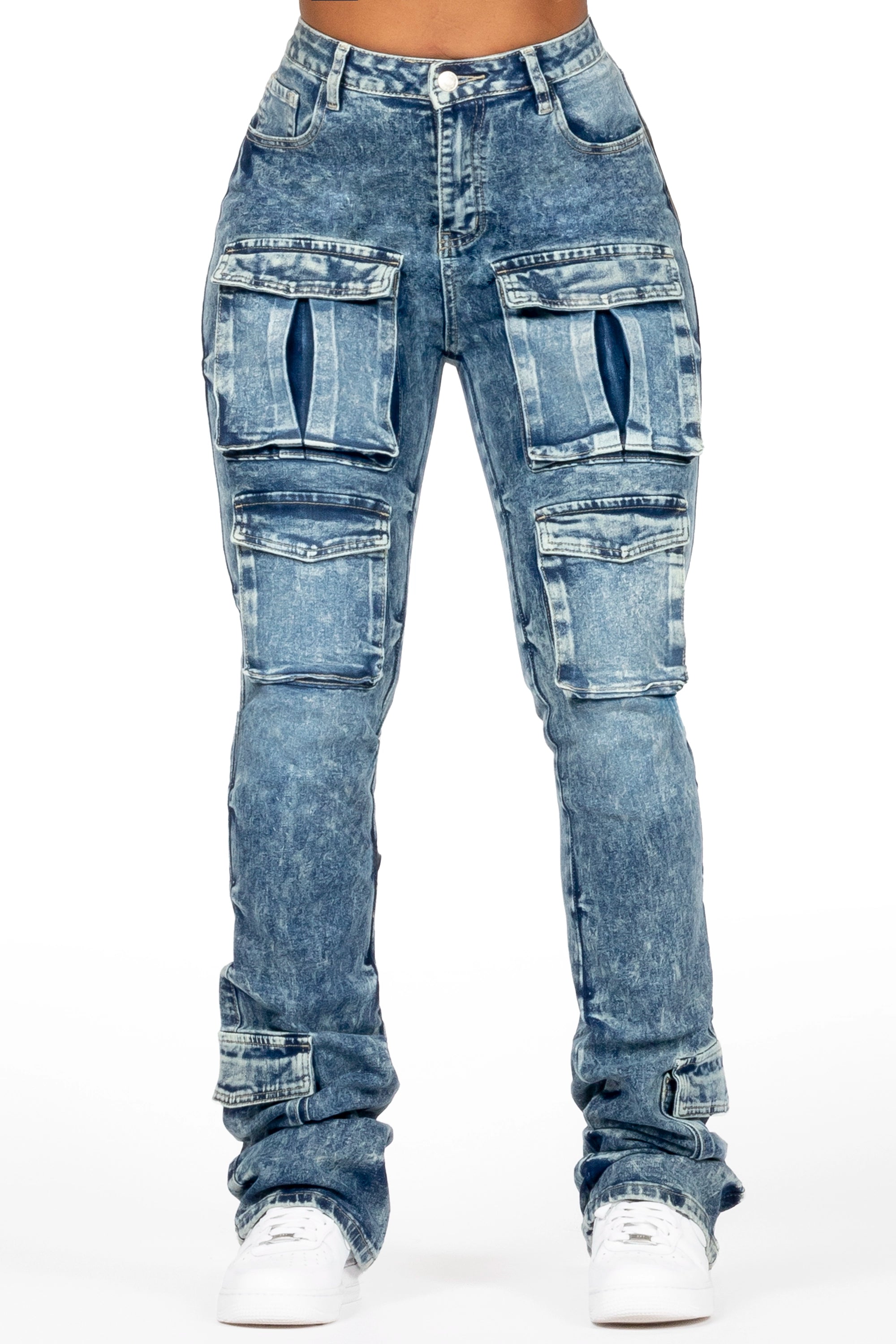 Angella Acid Wash Cargo Super Stacked Jean Trendy Skinny Fit Jeans