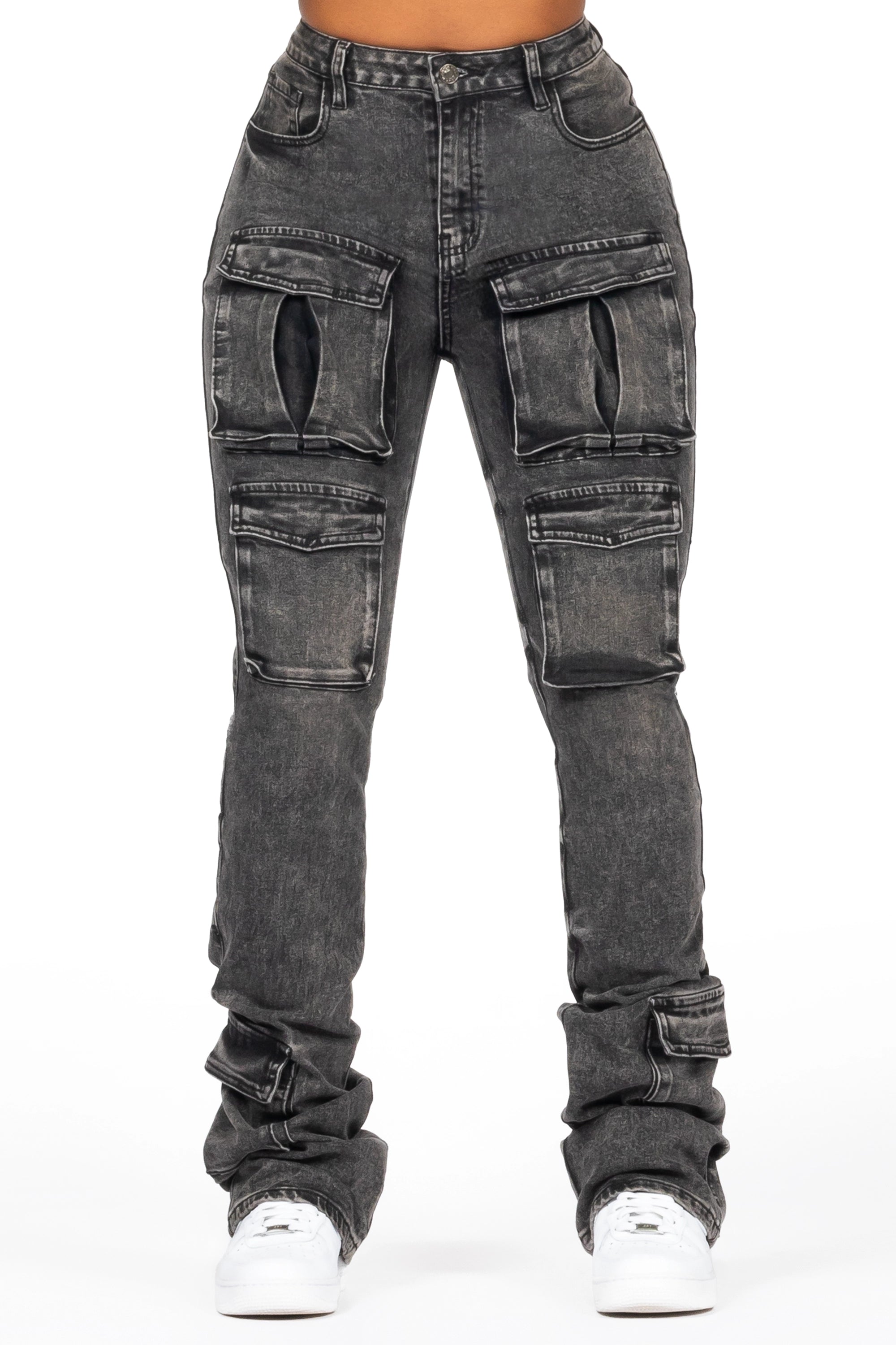 Angella Black Wash Cargo Super Stacked Jean Trendy Colored Denim Jeans