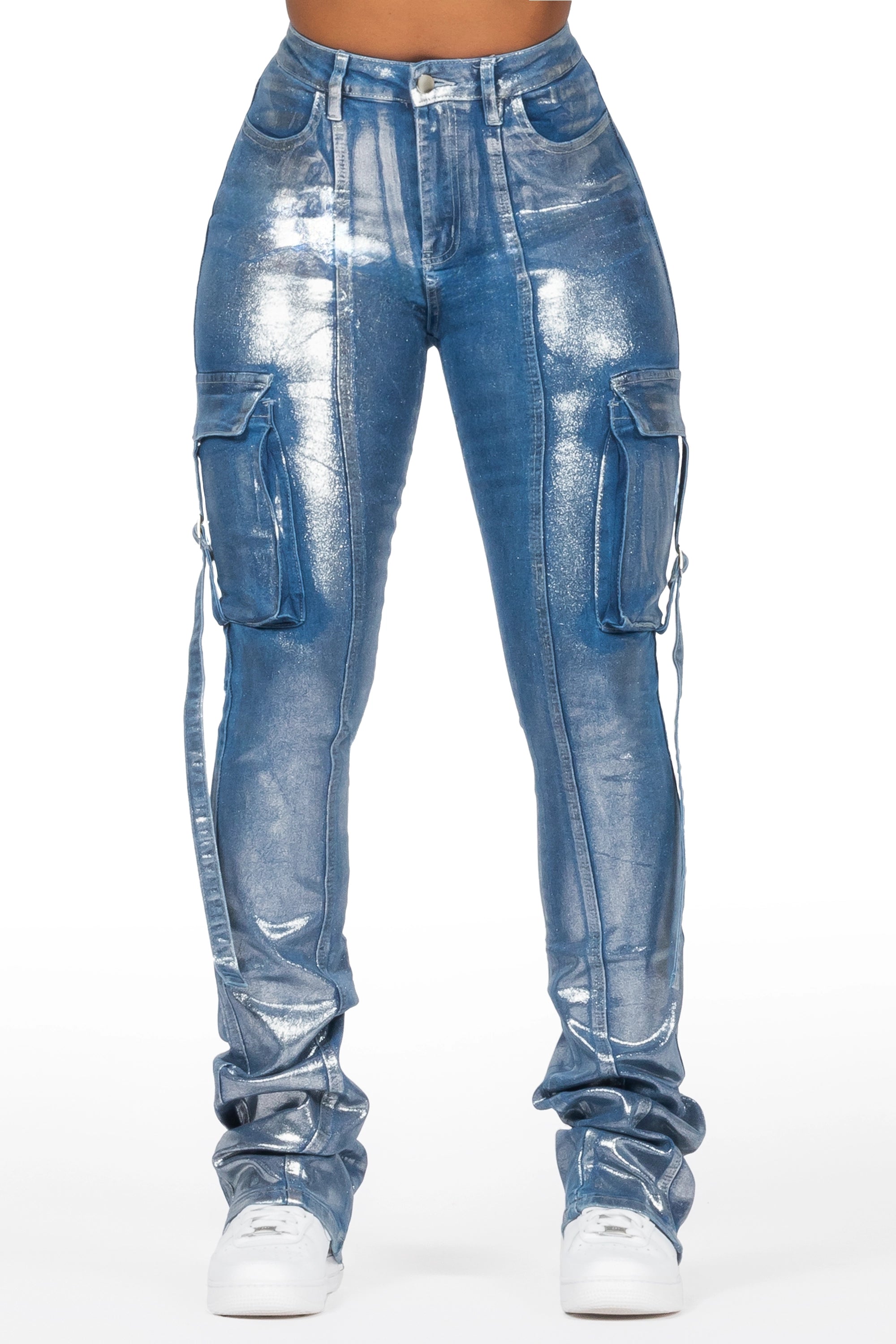 Lovera Med. Wash Foiled Stacked Flare Jean Stylish Shredded Denim Jeans