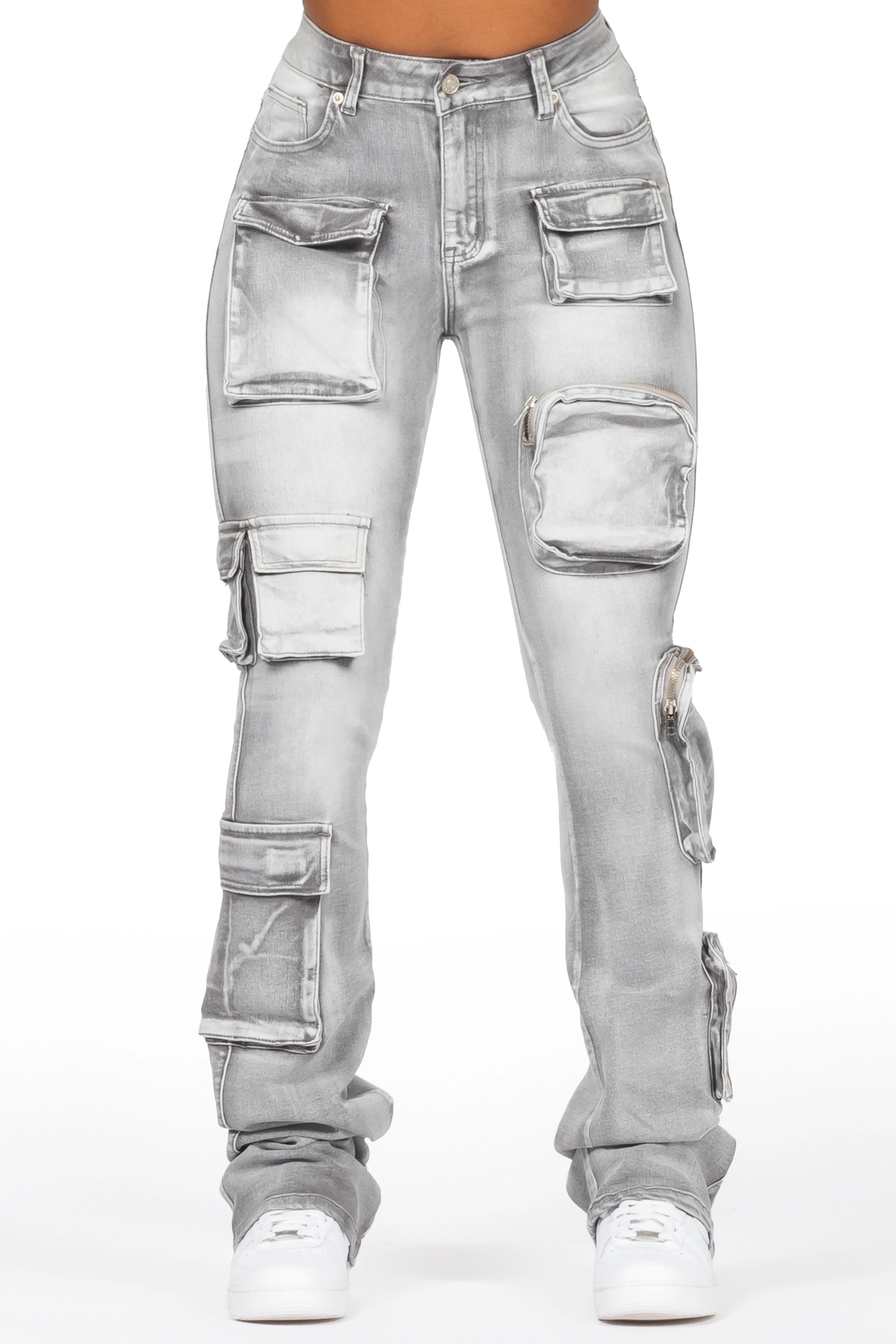 Symone Grey Wash Cargo Stacked Flare Jean Chic Faded Blue Jeans
