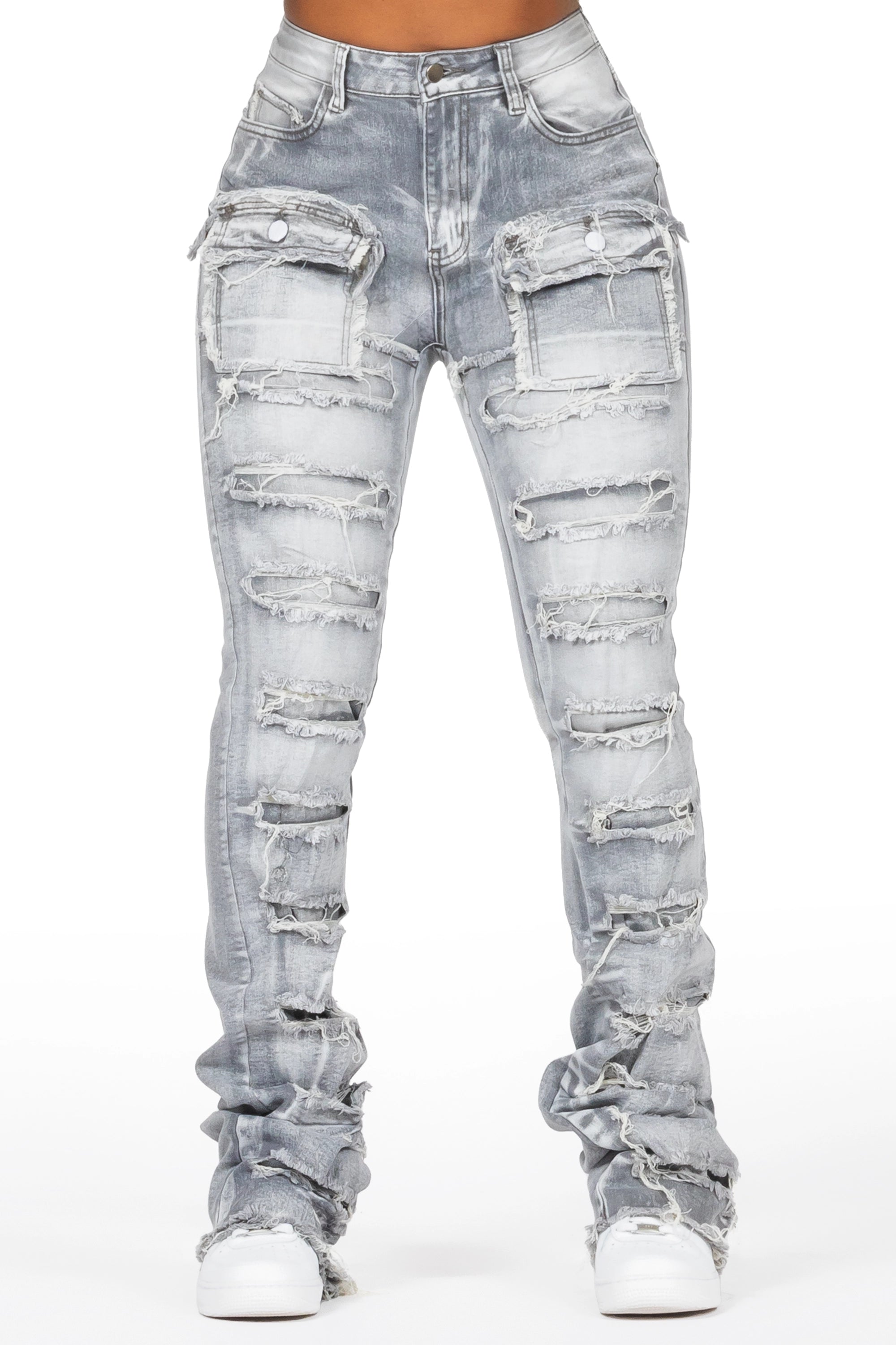 Kanivia Grey Wash Cargo Stacked Flare Jean Trendy Paperbag Waist Jeans