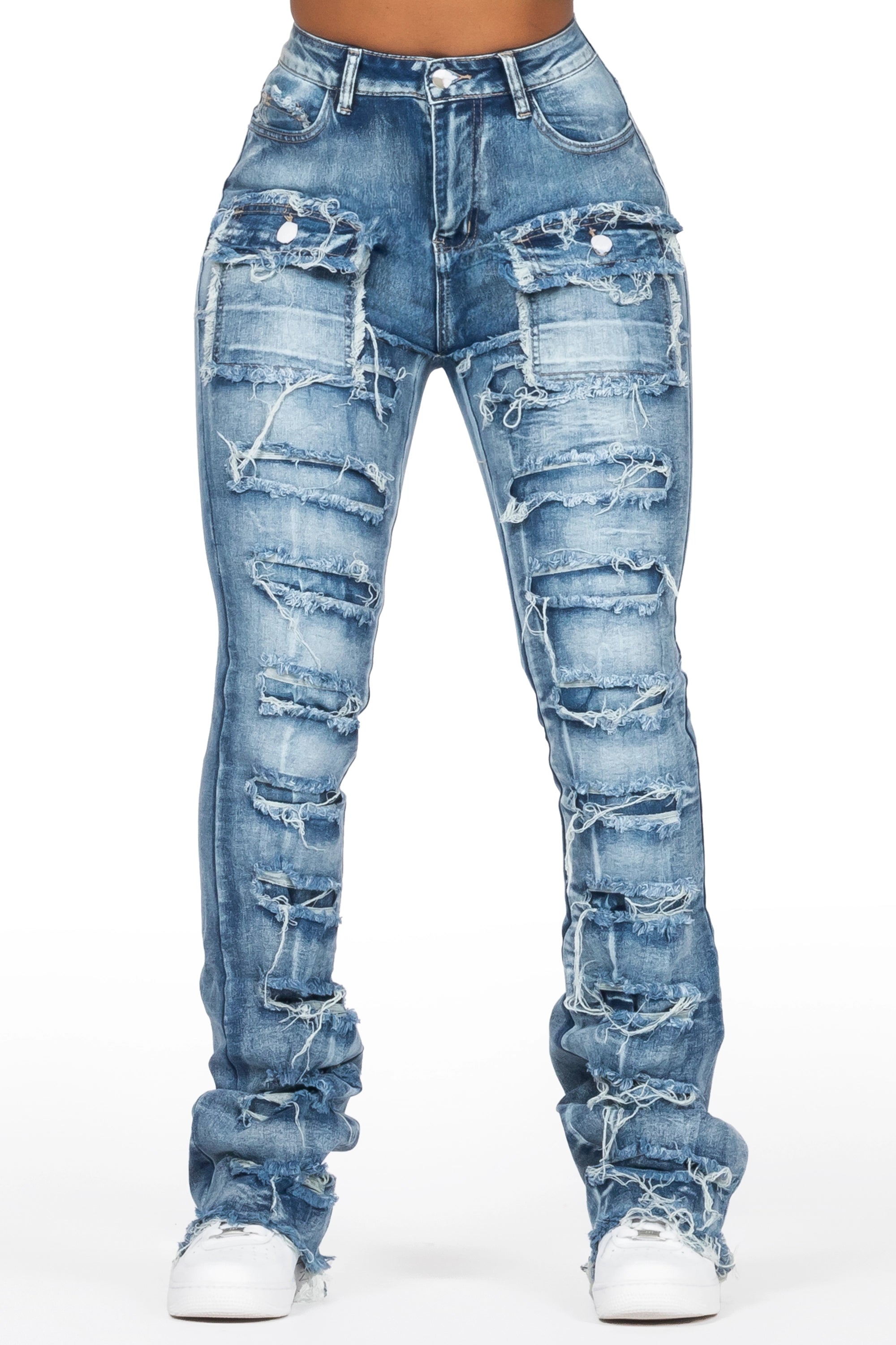 Kanivia Med. Wash Cargo Stacked Flare Jean Casual Straight-Leg Jeans