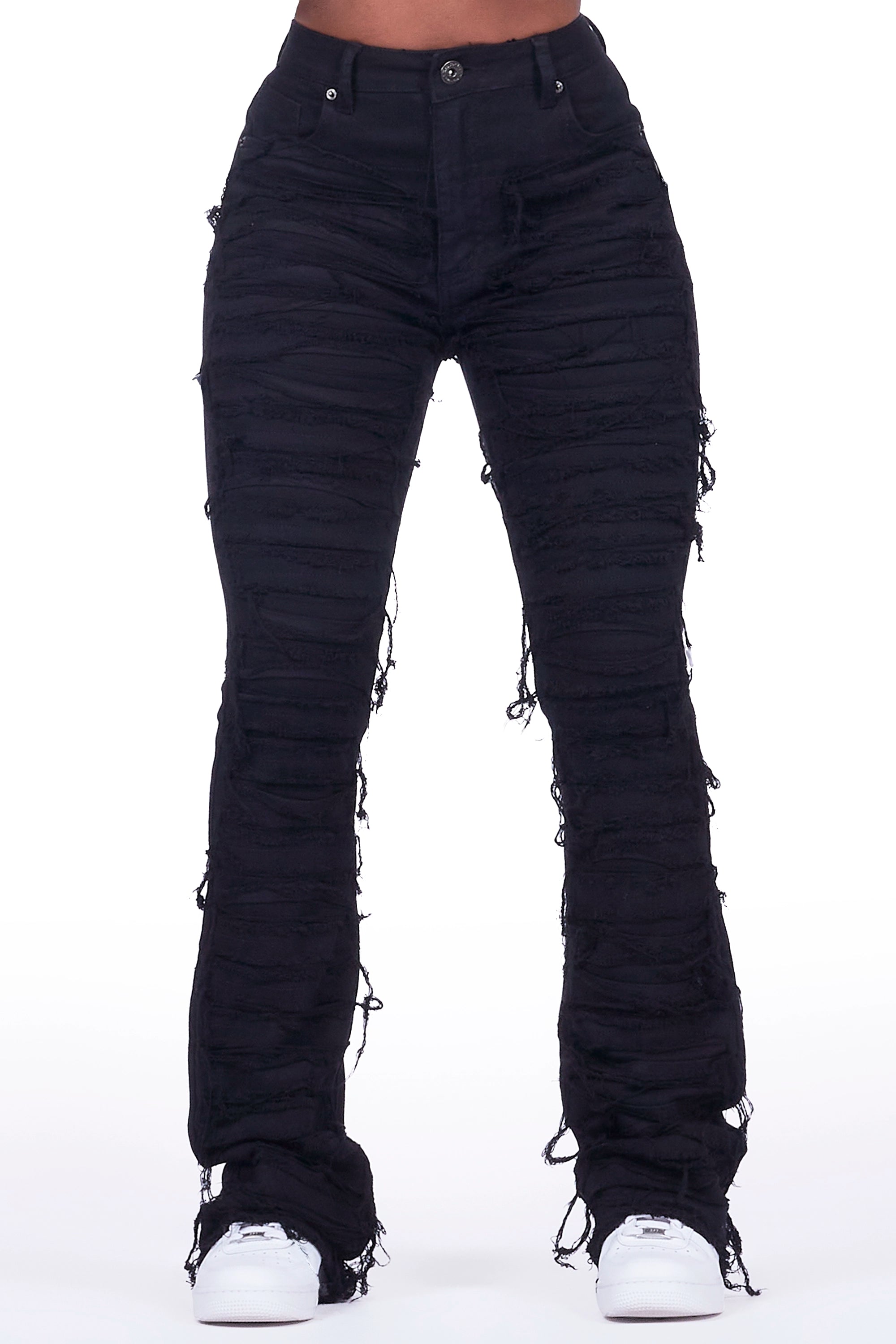 Tashiana Black Stacked Flare Jean Chic Cropped Jeans