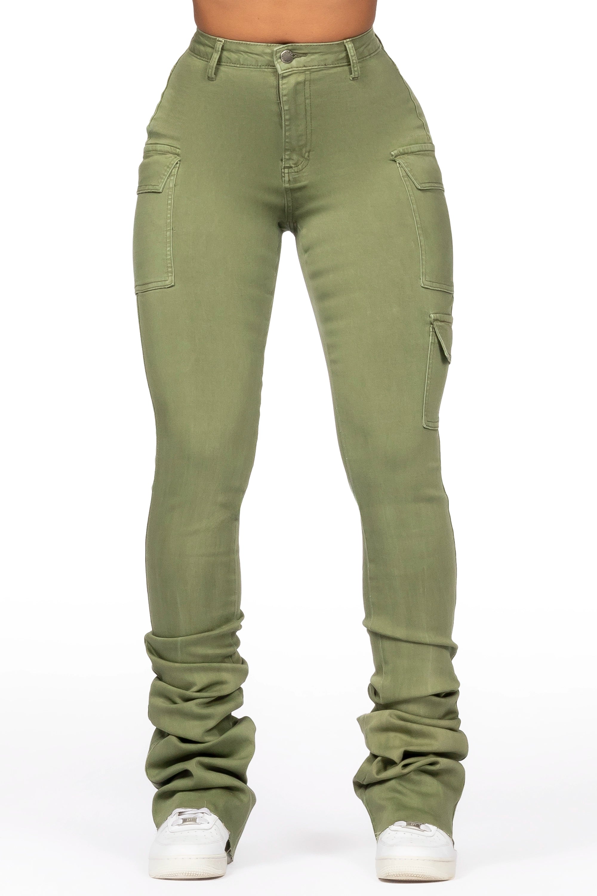 Vixen Olive Cargo Super Stacked Jean Cozy Relaxed Fit Denim Jeans