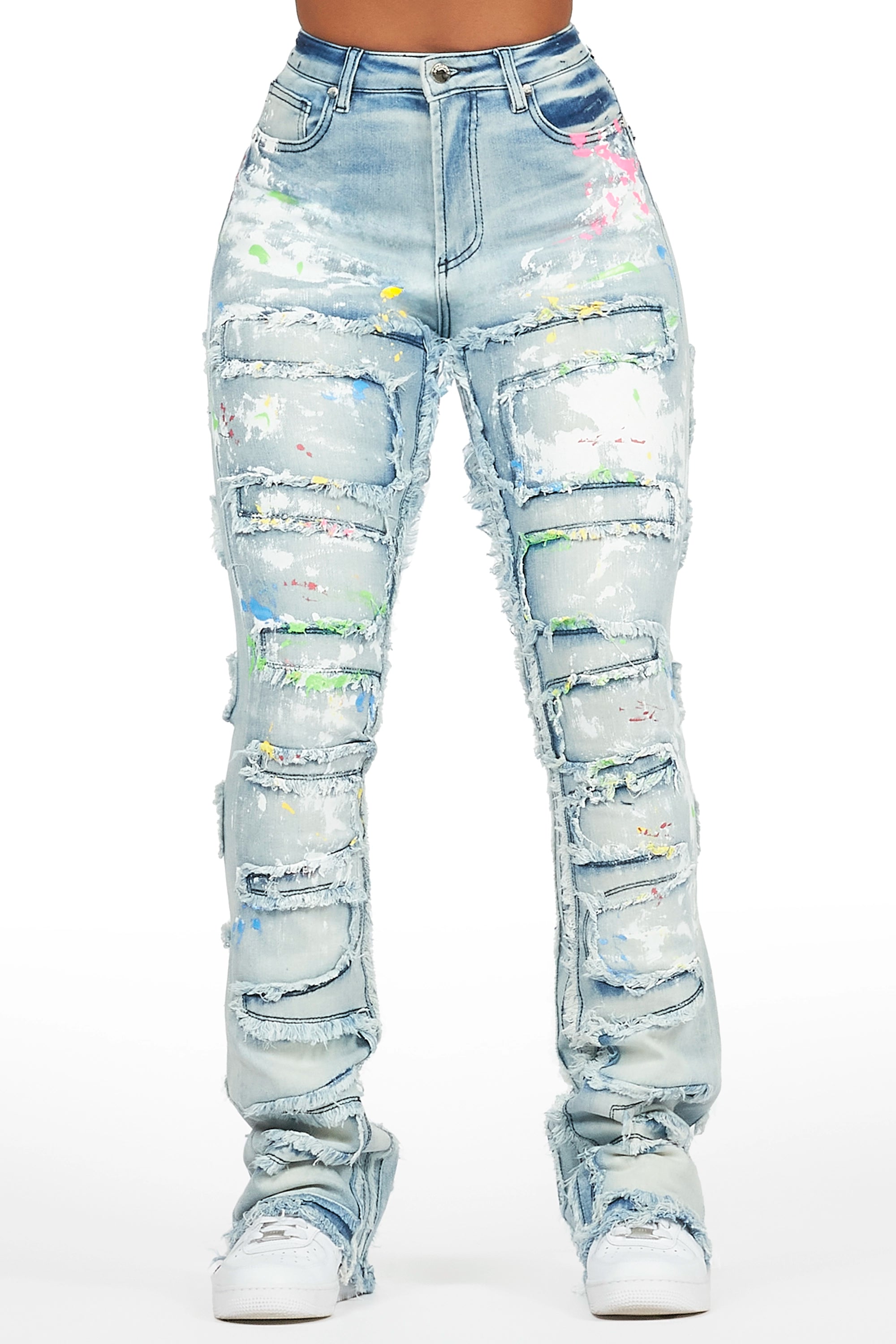 Sammia Light Wash Painted Stacked Flare Jean Elegant Skinny Leg Jeans
