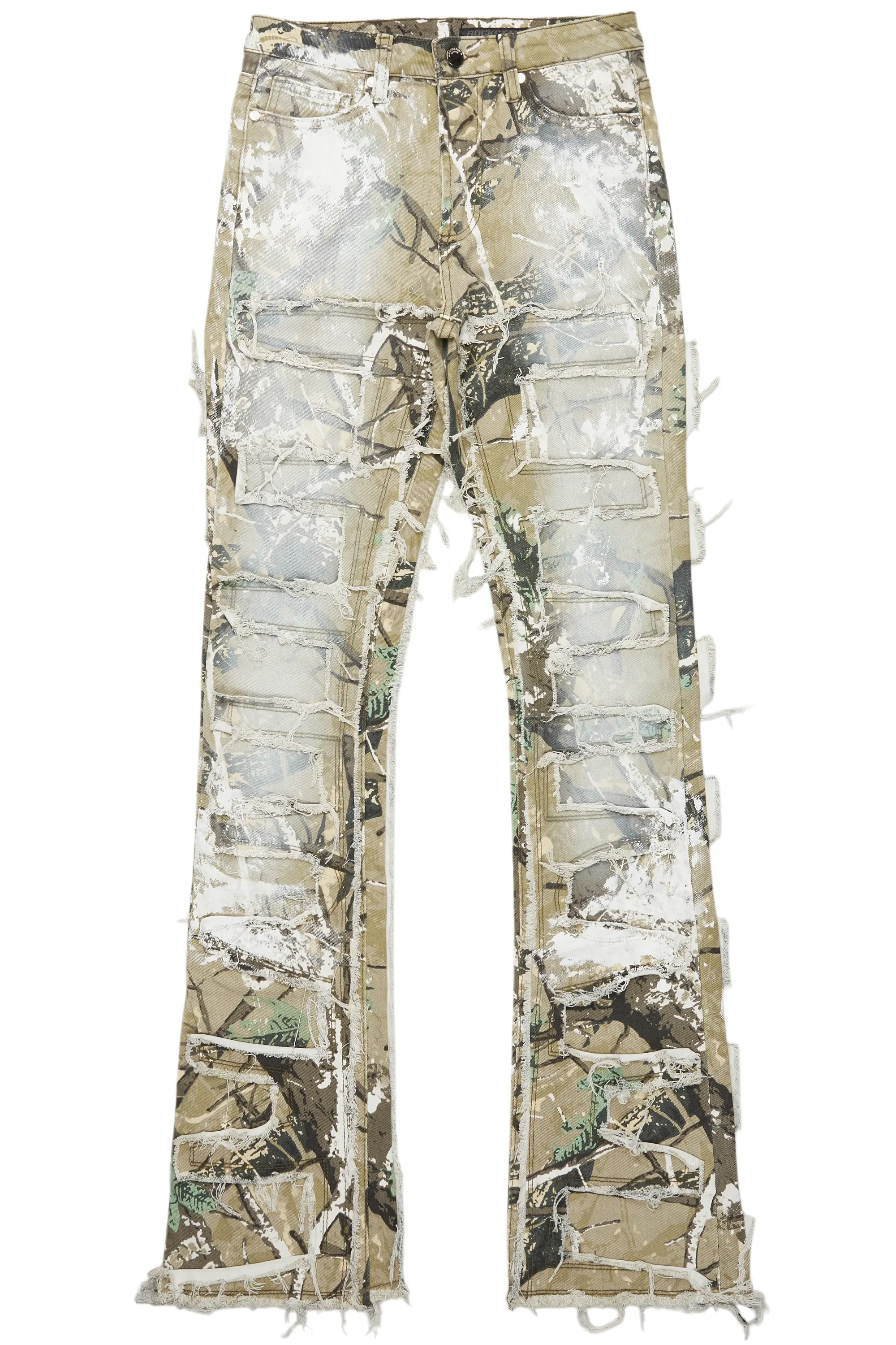 Denzela Tree Camo Painted Stacked Flare Jean Trendy Plus Size Jeans