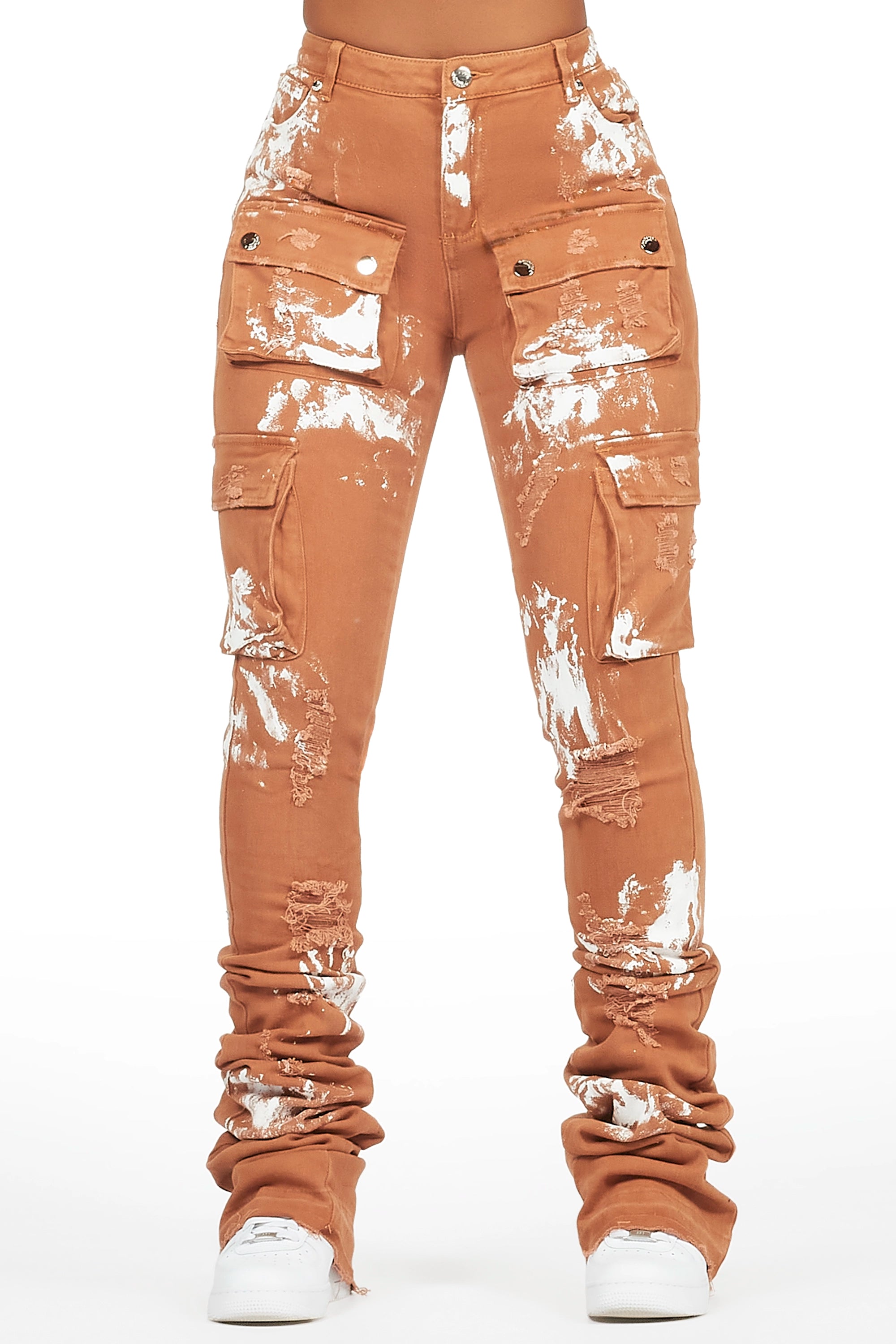 Latrice Camel Painted Super Stacked Jean Classic Button Fly Jeans