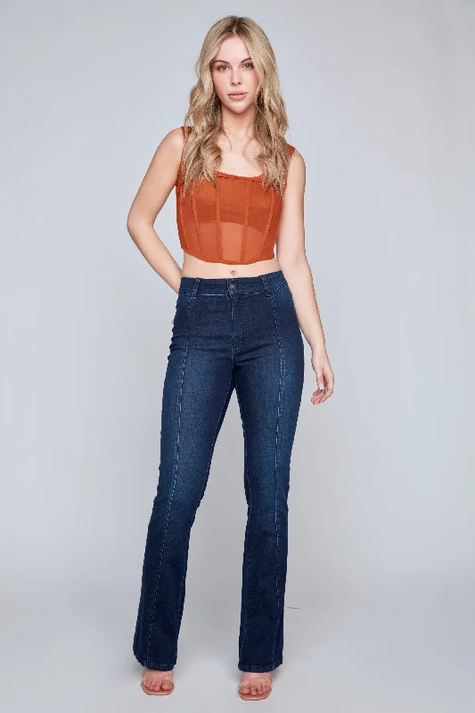 STEVIE - Mid Rise Pintuck Flare Jean - Vintage Dark Indigo Rinse Flex Denim Trendy Skinny High-Waist Jeans
