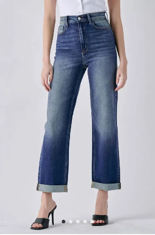 Super High Rise Destory Double Rolled Dad Jean - Cello Fashionable Straight Fit Denim Super High Rise Destory Double Rolled Dad Jean - Cello Fashionable Straight Fit Denim