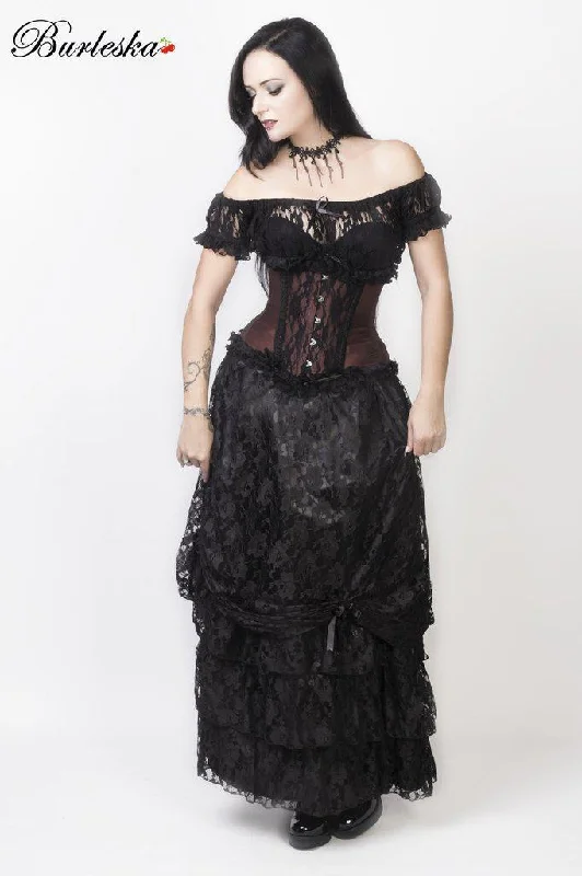 Alexandra Long Victorian Skirt In Black Satin With Black Lace Overlay pleated skirt texture