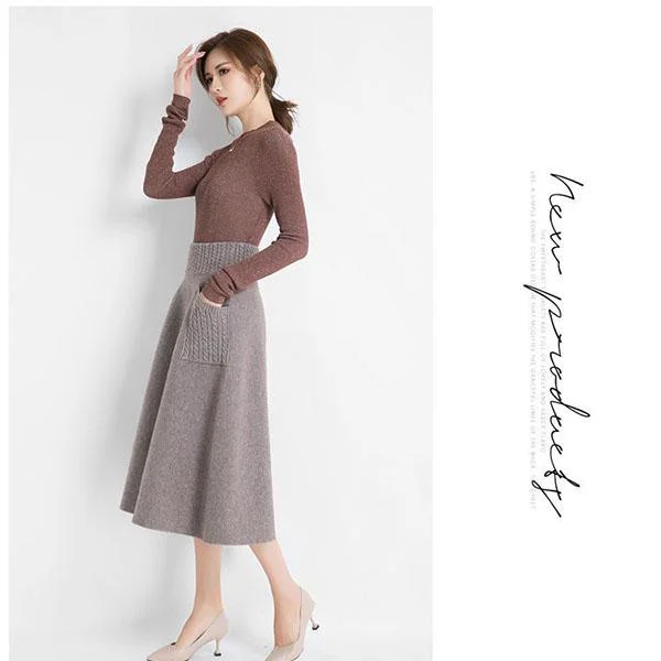 Autumn  Winter Women's Knitted Skirt Long Skirt with Pockets Thick Warm OL Stytle A-line Skirt for Women low waist skirt