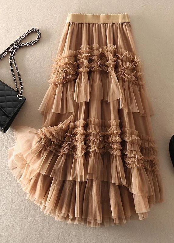 Beautiful Khaki asymmetrical design Tulle Tiered Fall Skirt denim skirt durable