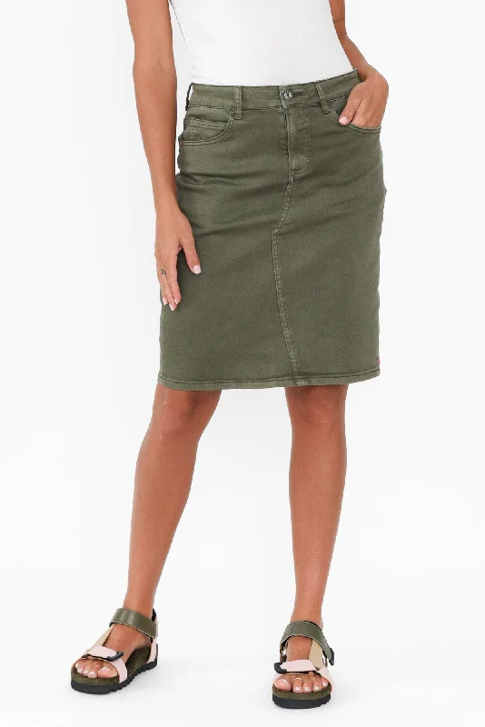 Belle Khaki Denim Stretch Skirt linen skirt breathable
