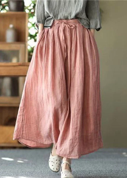 Casual Pink Pockets wrinkled Tie Waist Linen Skirt Summer lace skirt elegant