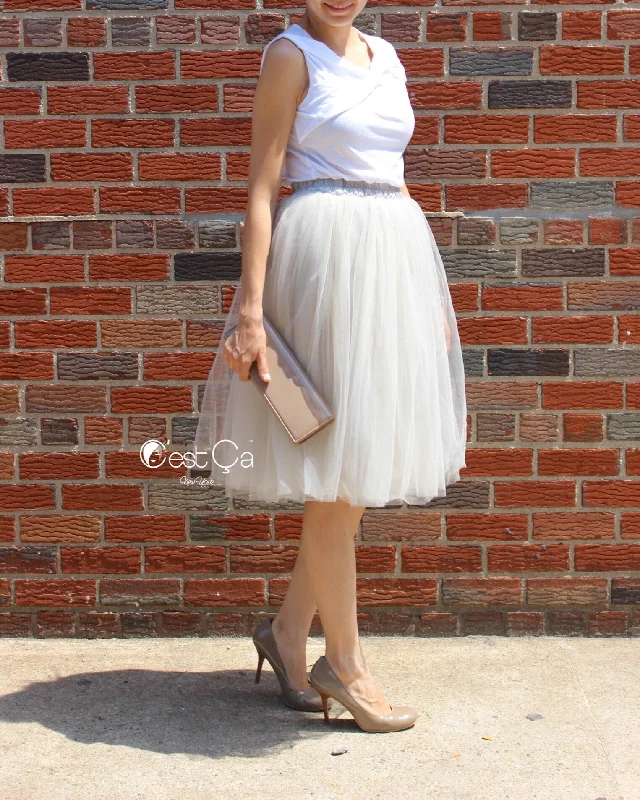 Claire Dove Gray Soft Tulle Skirt - Below Knee Midi silk skirt sleek