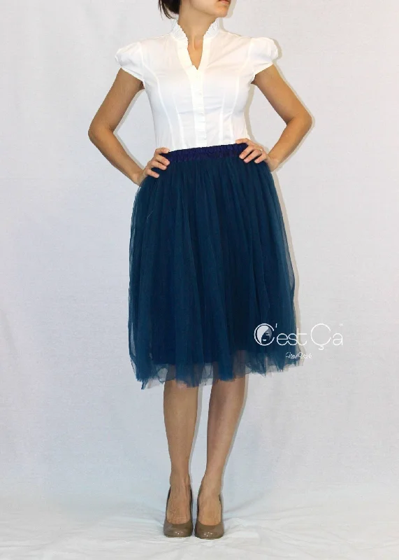 Claire Navy Blue Soft Tulle Skirt - Below Knee Midi linen skirt relaxed