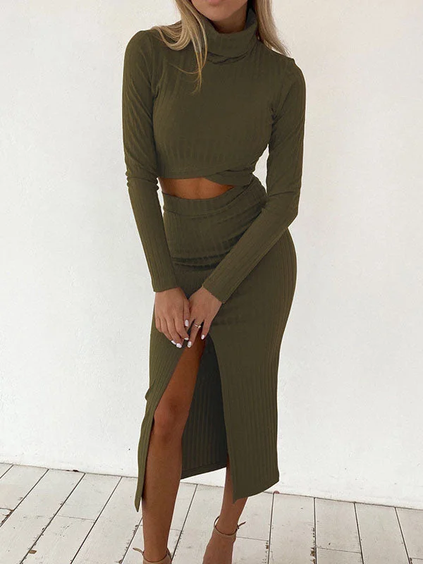 Turtleneck Crop Top Skirt Set silk skirt elegant