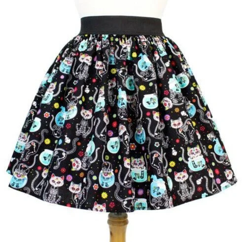 "Lindy" Day of the Dead Kitty Skirt velvet skirt glossy