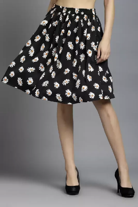 TANDUL  Women Floral Print Flared Black Skirt chiffon skirt airy