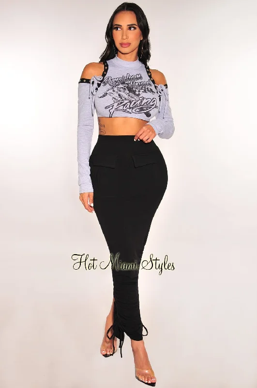 Gray Graphic Long Sleeve Mock Neck Lace Up Ruched Skirt Two Piece Set lace skirt intricate