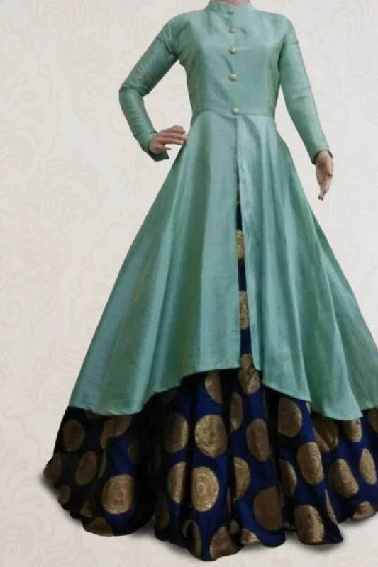 Jacquard Long Sleeve Kurti with Printed Skirt - JCSFashions button skirt front