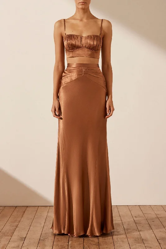 LA LUNE RUCHED MAXI SKIRT - ALMOND elastic waist skirt