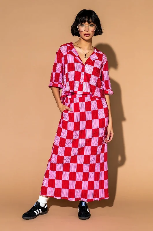 Ćest la Vie Plissé Skirt Set in Red + Pink velvet skirt luxurious