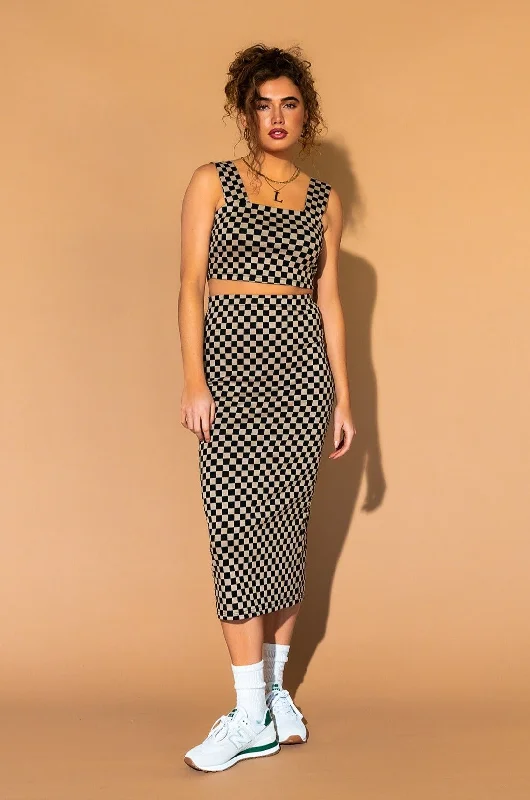 Looking Good Print Top + Skirt Set in Checkerboard pleated skirt texture