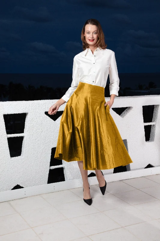 Mid-Calf Silk Skirt Gold Silk linen skirt natural
