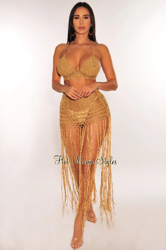 Mocha Crochet Halter V Neck Fringe Cover Up Skirt Two Piece Set maxi skirt elegant