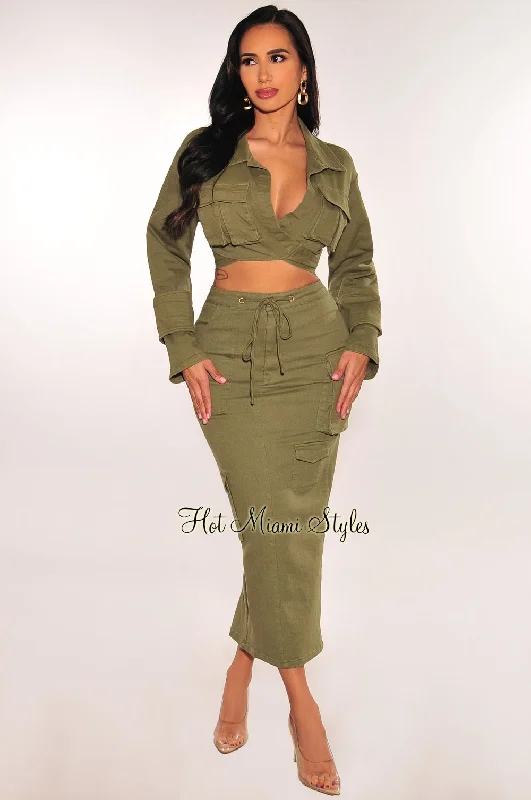 Olive Long Sleeves Collared Cargo Vent Slit Skirt Two Piece Set corduroy skirt durable