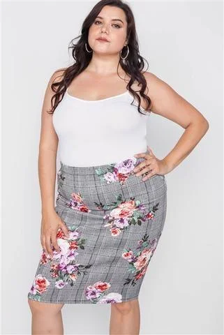 Plus Size Check Rose Print Pencil Skirt velvet skirt rich