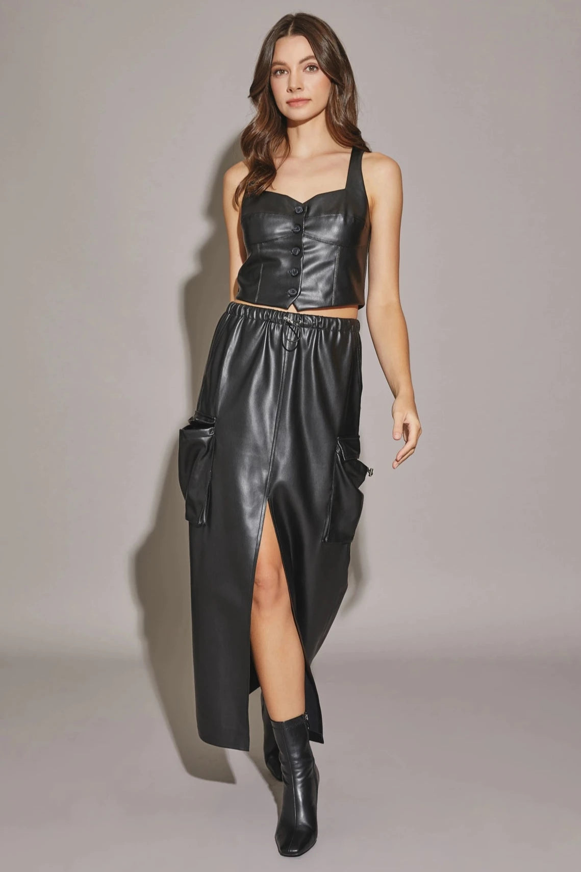 Vegan Leather Front Slit Cargo Drawstring Midi Skirt lace skirt intricate