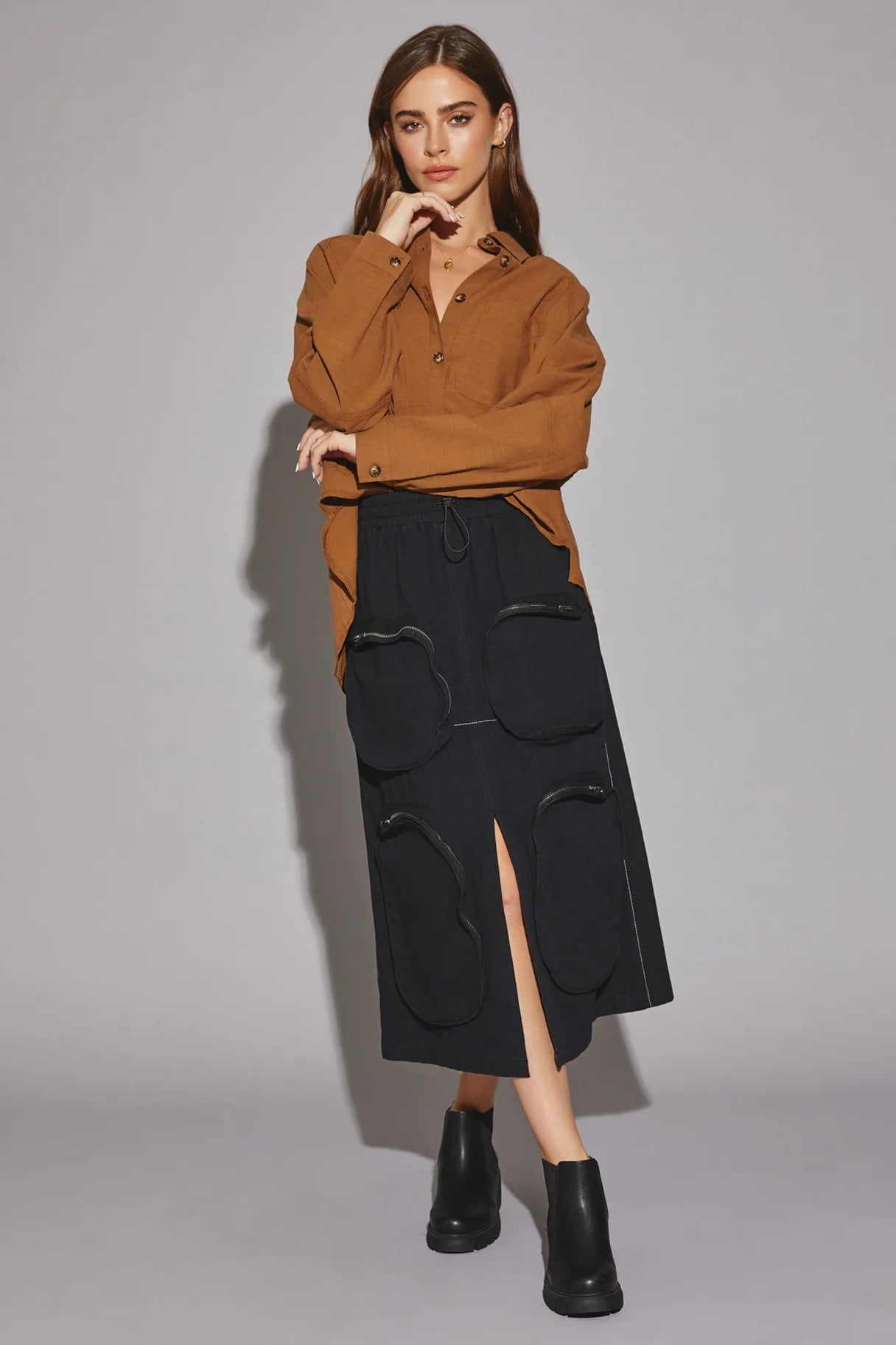 Utility Pockets Front Slit Drawstring Waist Midi Skirt casual skirt length