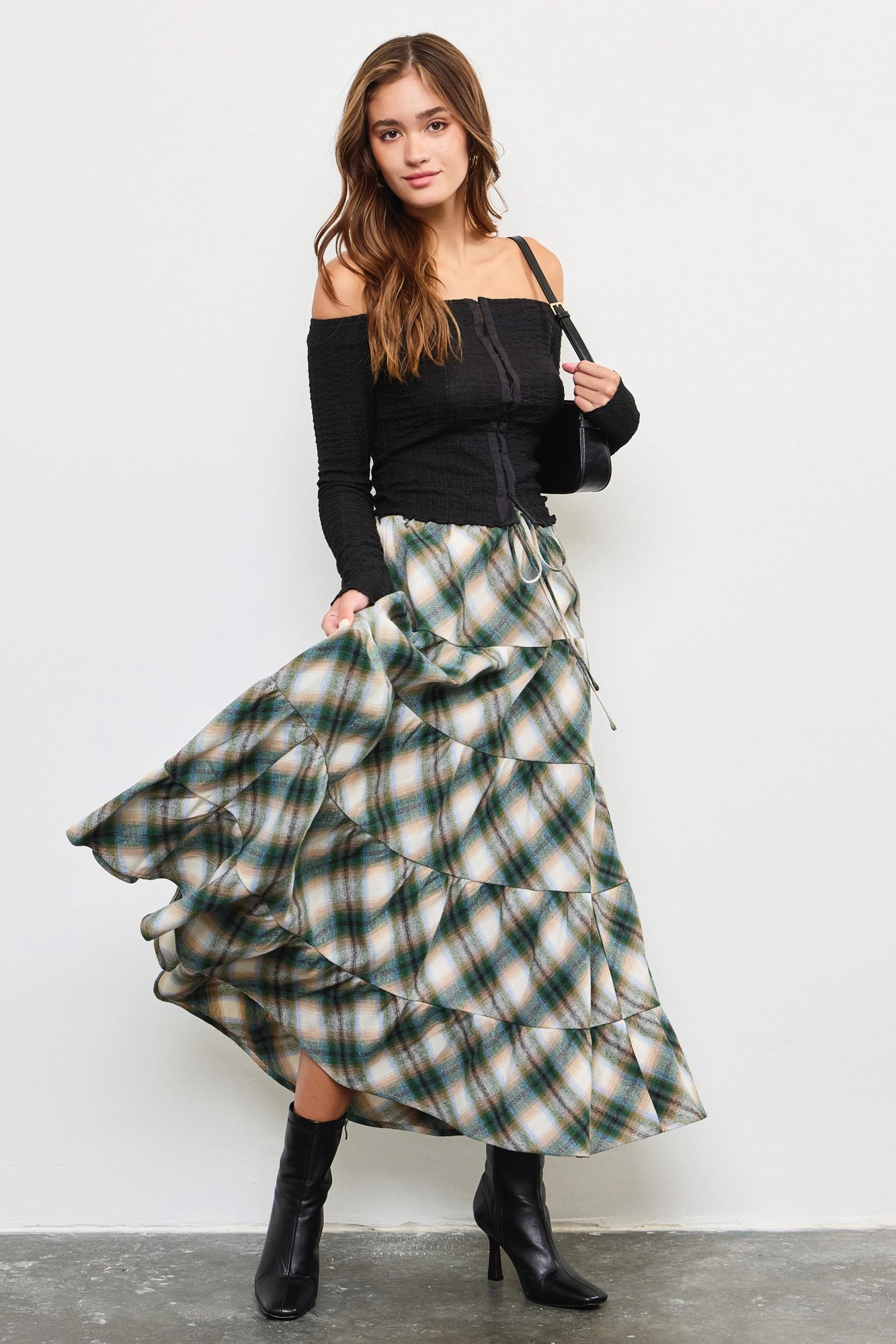Flannel Plaid Tiered Hem Maxi Skirt asymmetrical skirt cut