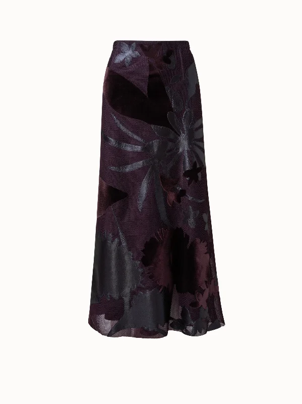 Techno Grid Long Skirt with Flower Embellischment silk skirt lustrous