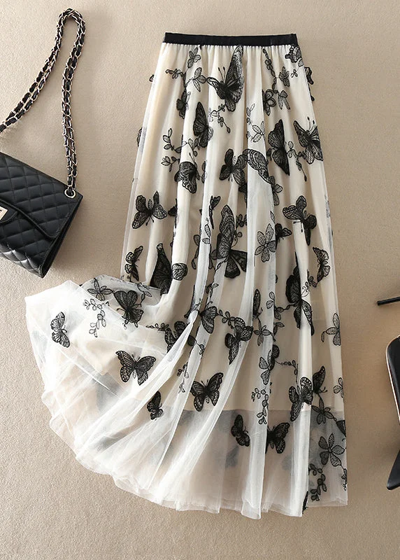 Vintage Beige Embroideried butterfly Tulle Skirts Spring high slit skirt