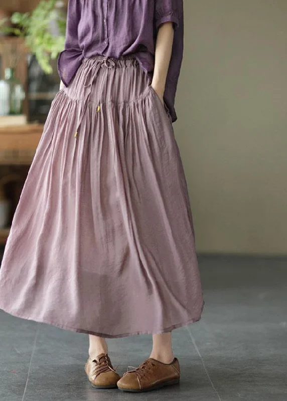 Vintage Light Purple Elegant Patchwork Tie Waist Summer Skirt Linen silk skirt smooth