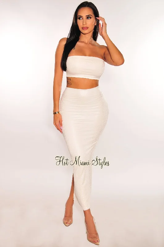 White Latex Snake Bandeau Skirt Two Piece Set denim skirt classic